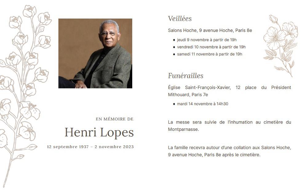 Obsèques de Henri Lopès: Programme