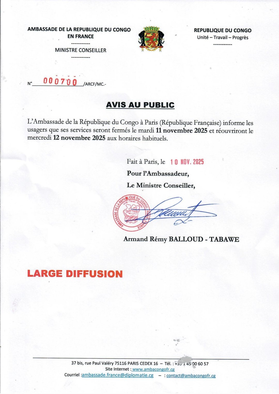 Avis au  public relatif à la journée du 11 novembre 2025