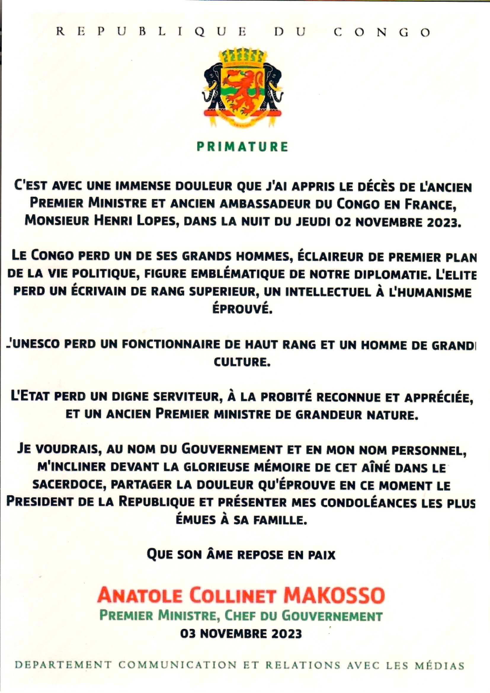 Décès de Henri Lopès: le premier ministre Anatole Collinet Makosso salue la glorieuse mémoire de son lointain prédécesseur